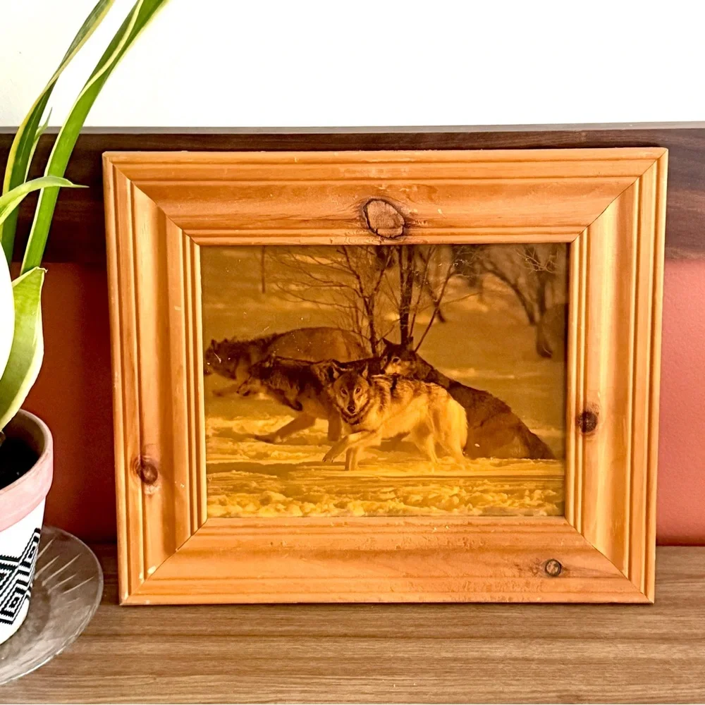 Vintage Wolf Picture Wood Framed Cabin Outdoor Nature Wall Art Rustic Cottage